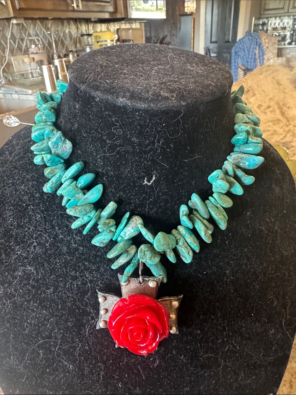 Turquoise Chip Necklace with Red Rose Pendant - Women Jewelry